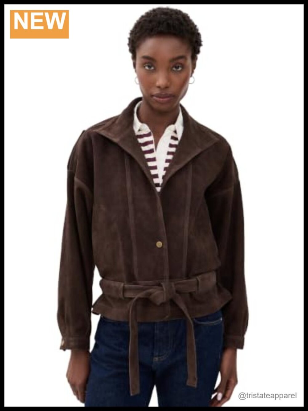 Suede Leather Snap Front Jacket with Self-Tie Belt